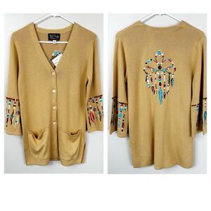 Bob Mackie Cardigan Sweater XS Embroidered Feathers Wearable Art Dream Catcher